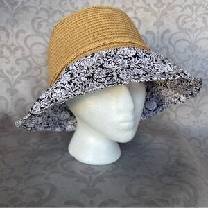 Rim Woven Paper Bucket.Stylish Tan and Black Floral Women's Hat